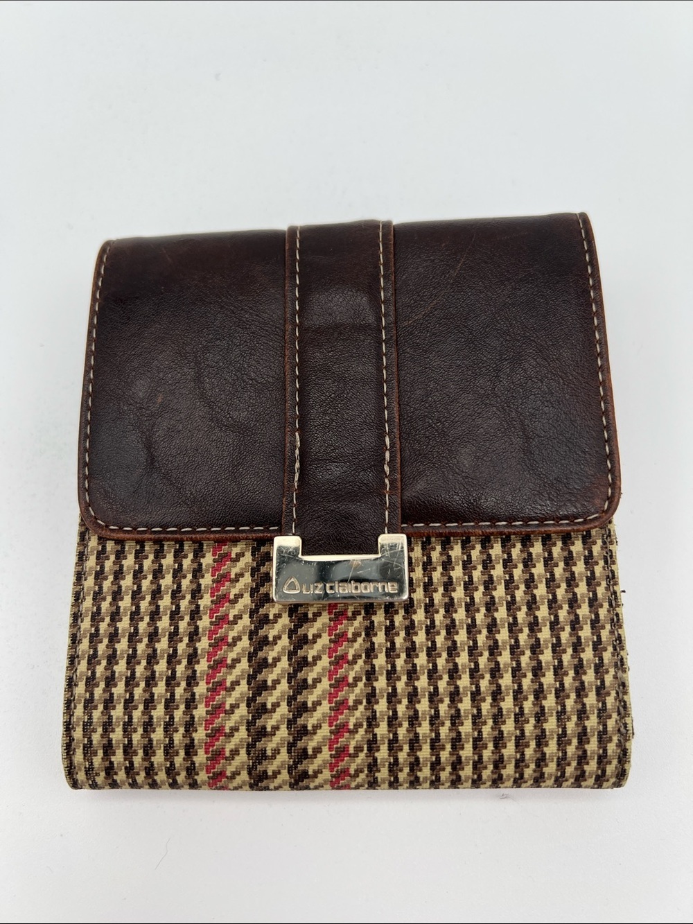 Liz Claiborne Brown Leather & Houndstooth Wallet Coin Purse with Red Stripe
